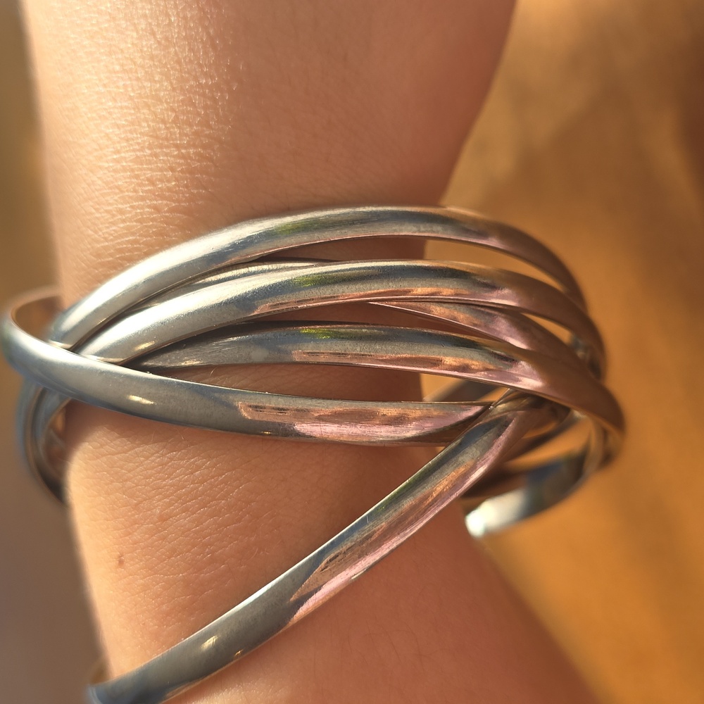 Chunky Silver Tone Metal Bangle Set of 6 Entwined Infinity Bracelets